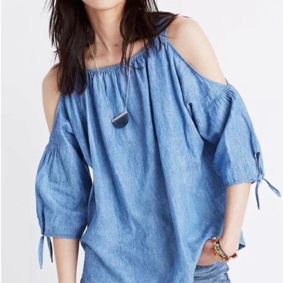 MADEWELL linen cotton blend chambray denim blue top cold shoulder 3/4 sleeves - Picture 2 of 10
